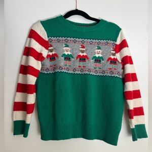 Mini Boden Elf Christmas Green Sweater with Red Trim, Sz 6-7